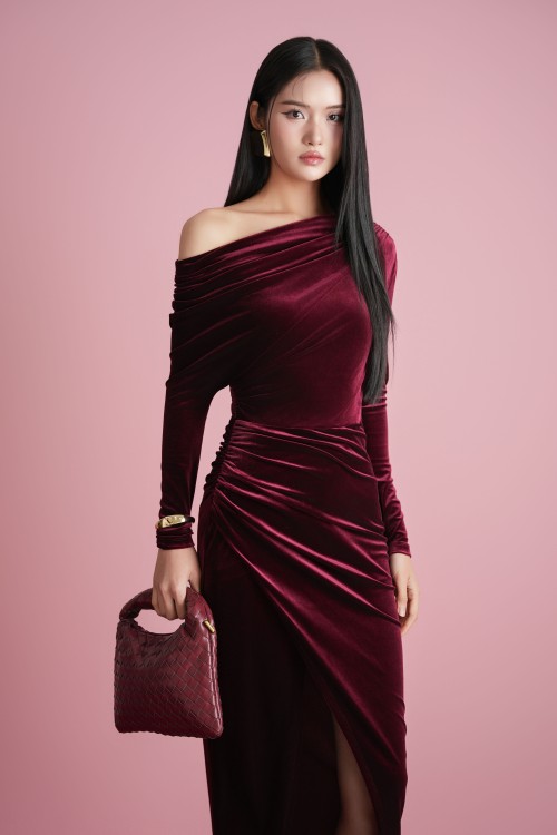 Sixdo Wine Velvet Sarong Dress